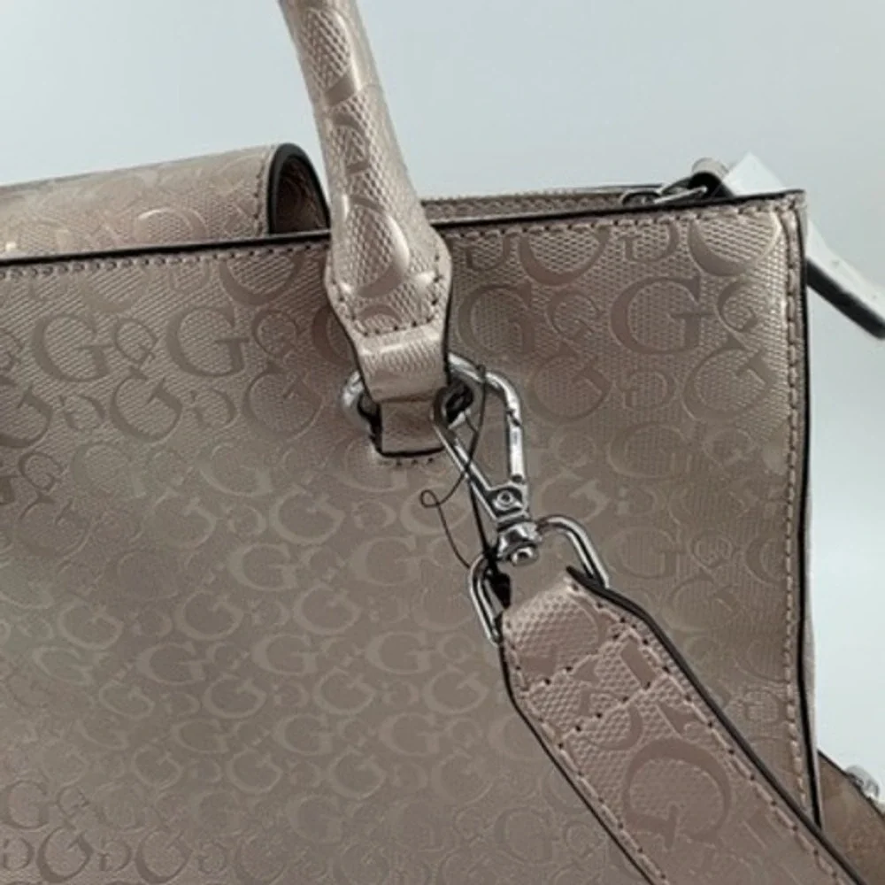 Guess Metallic Champagne Logo Satchel‎ Crossbody Handbag with Flower Charm